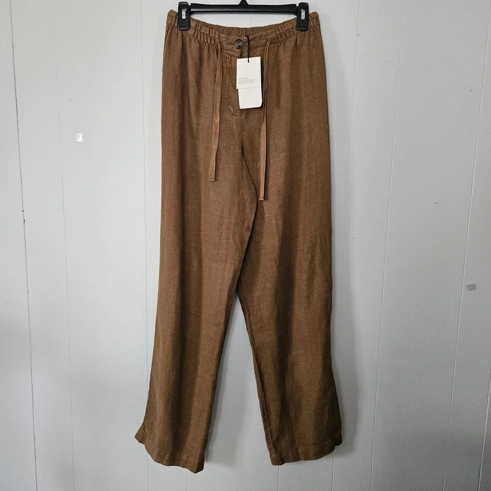 Zara Women Linen Pants M Brown Wide Leg Elastic Waist Drawstring Sustainable‎